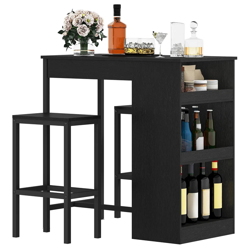 DWVO Breakfast Bar Table and Stools Set, Kitchen Breakfast Bar Table Set Storage Shelf for Kitchen Dining Room Pub Industrial Steel Frame Black