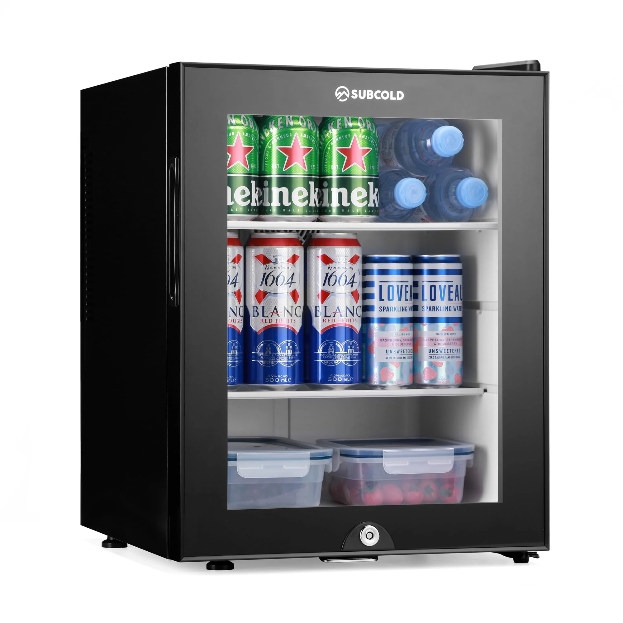 Subcold Aire40-G LED Mini Fridge | 40L Table Top Model | Quiet Frost Free Fridge for Bedrooms & Hotels | Lockable with Glass door & interior LED light (Black)