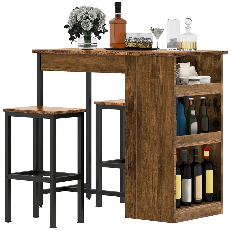 DWVO Breakfast Bar Table and Stools Set, Kitchen Breakfast Bar Table Set Storage Shelf for Kitchen Dining Room Pub Industrial Steel Frame Rustic Brown