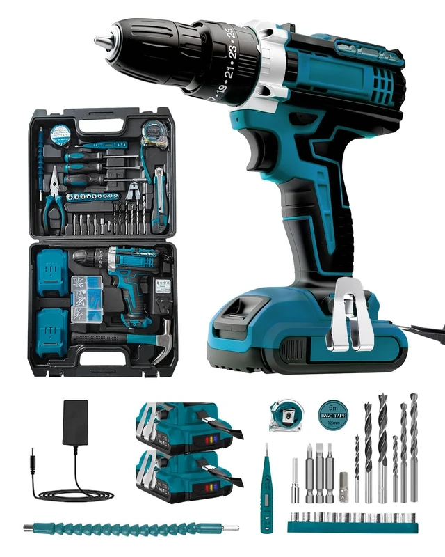 KALAHOL Cordless Drill Set 21V, 99PCS Electric Screwdriver Set with 2 Batteries 2000mAh, 25+3 Torque Cordless Hammer Drill, 42N.m Max, 2 Speed, LED Work Light for Home and Garden DIY Project, Blue