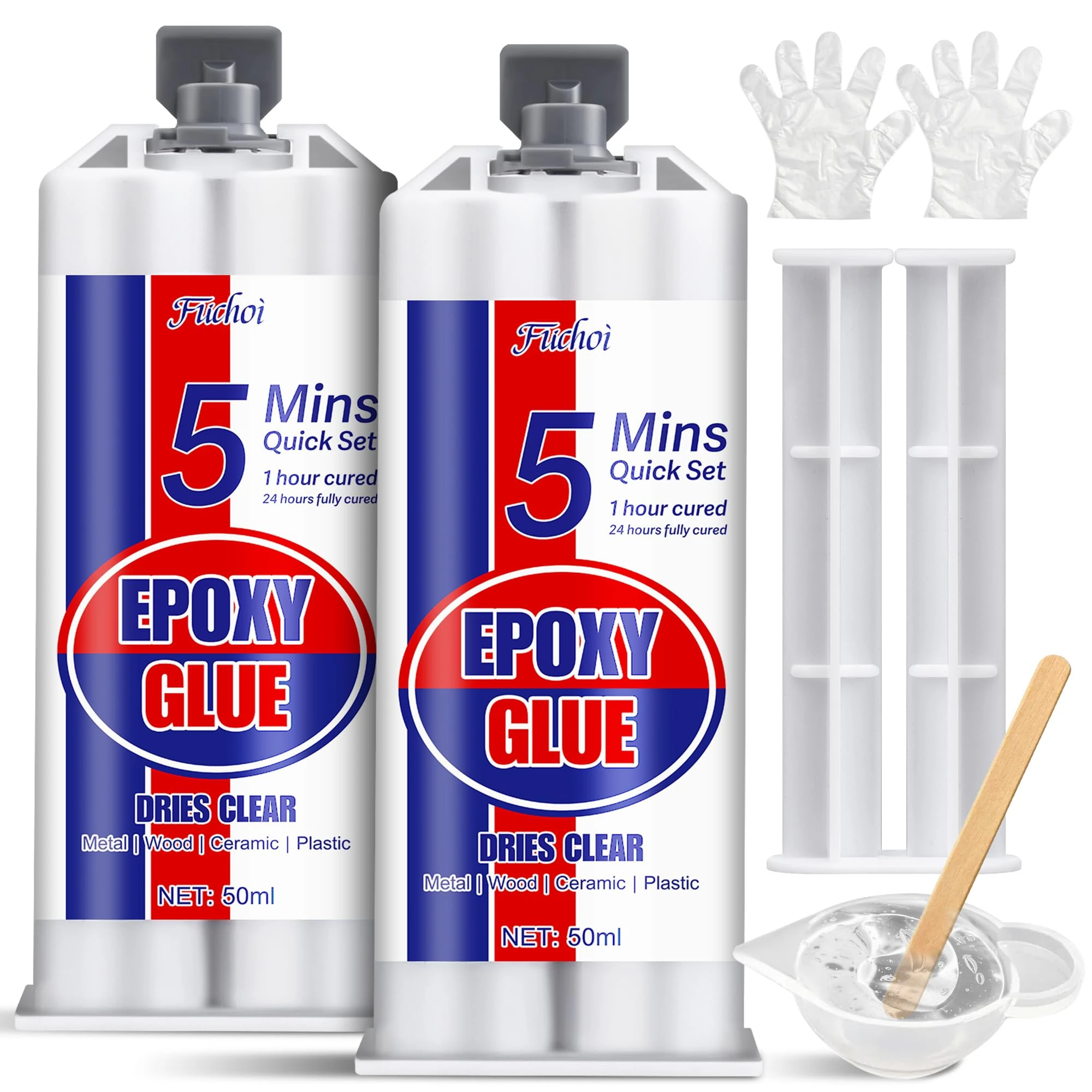 5 Minute Epoxy Glue, 100ml Fast Curing Epoxy Resin Kit, Clear 2 Part Epoxy Adhesive for Metal, Plastic, Wood, Ceramic, Glass, Fiberglass and More - Waterproof, Universal, Strong Bond Repair Glue