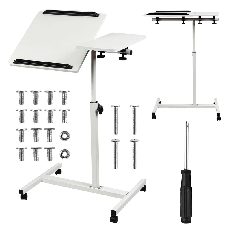 Maclean Mobile Laptop Desk | Height adjustable from 59–89 cm | Tiltable double tabletop up to 90° | Casters with brakes | Load capacity up to 30 kg | Ergonomic computer desk (White)