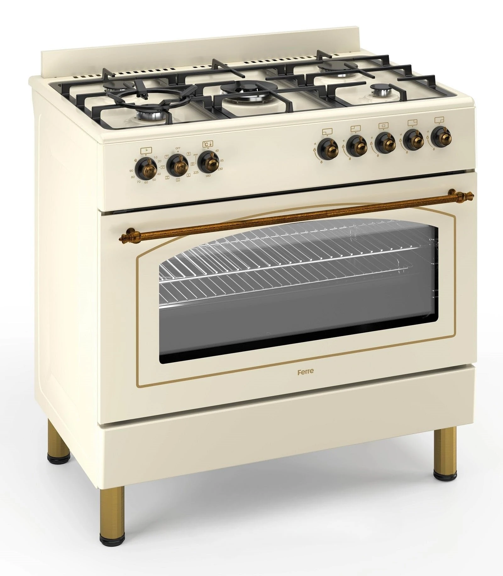 Ferre F9S50E7-CR-RETRO 90cm Dual Fuel Range Cooker With Double Turbo Fan & 5 Burner(1 Wok) - Cream