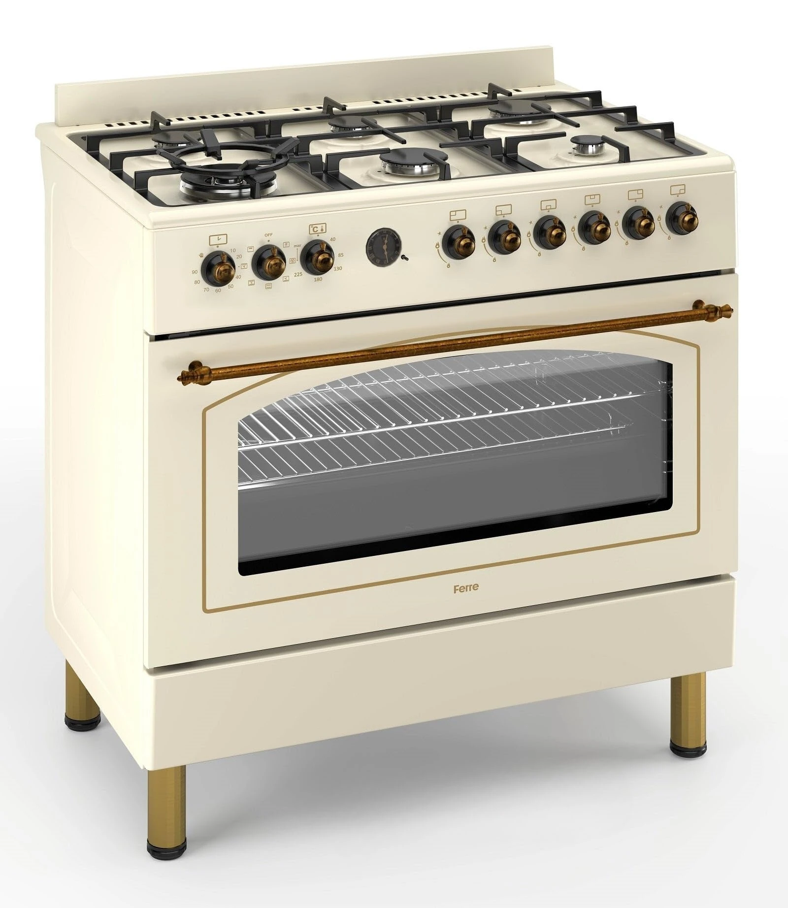 Ferre F9S60E7-CR-RETRO 90cm Dual Fuel Range Cooker With Double Turbo Fan & 6 Burner(1 Wok) - Cream