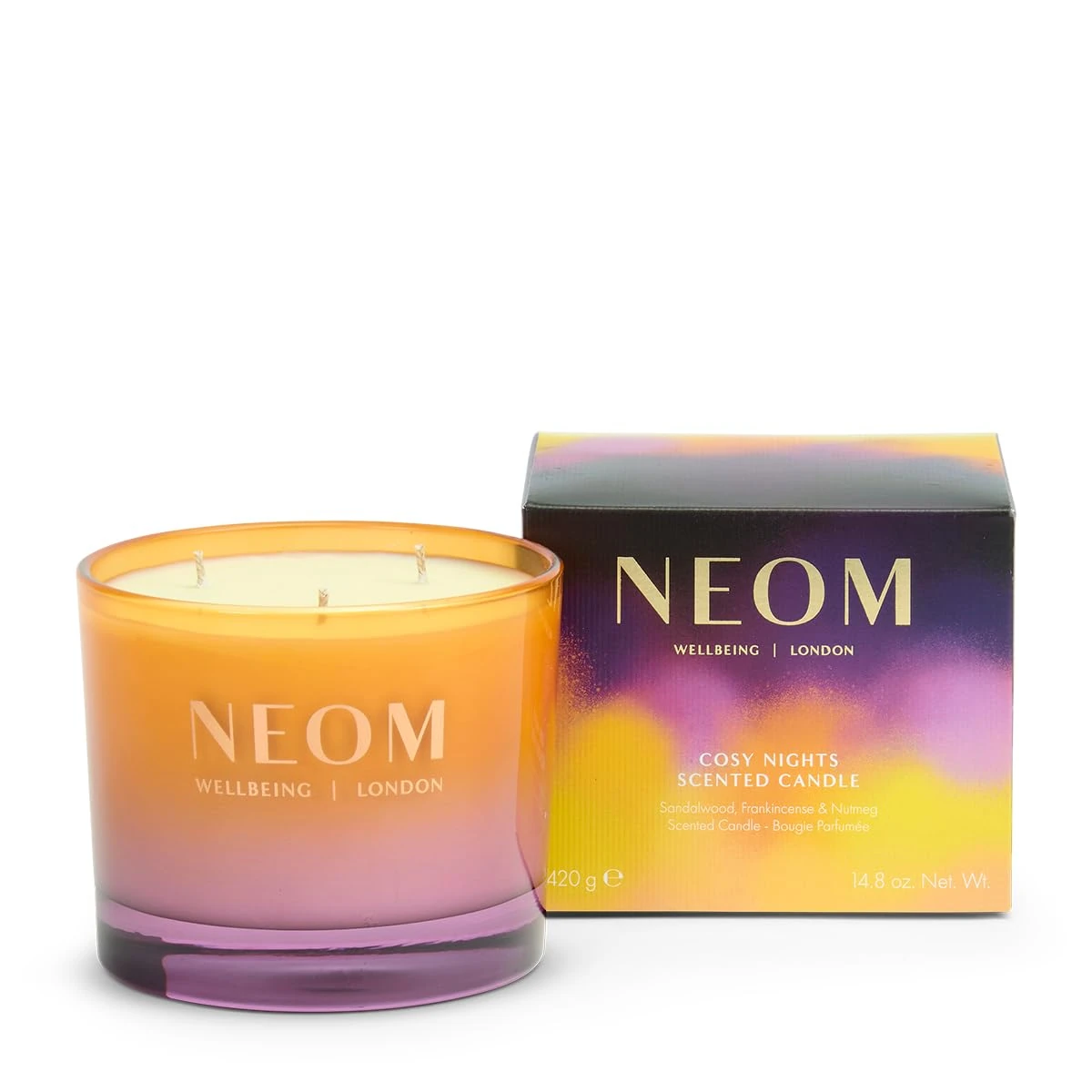 NEOM Cosy Nights Candle 3 Wick, 420g | Sandalwood, Frankincense & Nutmeg I Pure Essential Oils I 100% Naturally derived Wax I 100% Natural fragrances I Relaxing