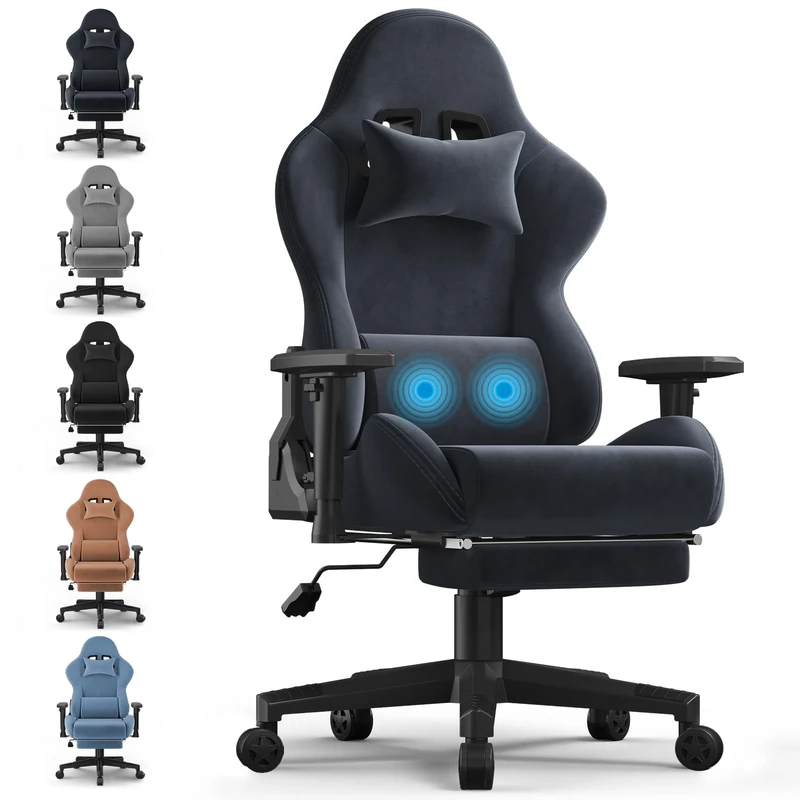 JUMMICO Fabric Gaming Chair with Footrest, Ergonomic Reclining Computer Gaming Chair with Massage Lumbar Pillow and Headrest for Adults and Teens, Dark Grey