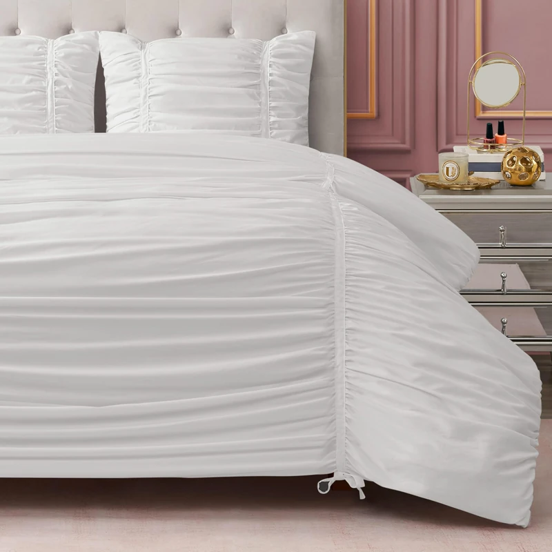 Juicy Couture Ribbon Ruched 3 Piece Full/Queen Comforter Set, White Bedding Ensemble