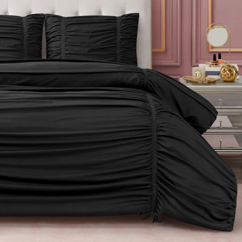 Juicy Couture Ribbon Ruched 3 Piece Full/Queen Comforter Set, Black Bedding Ensemble
