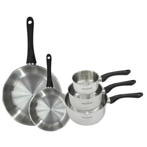 Fackelmann 9443850 Set of 2 Frying Pans 20 and 28 cm and 3 Saucepans 12 16 and 20 cm Stainless Steel 18/8, All Heat Source, Induction Pan, PFAS Free Pan, 18/8 Stainless Steel, 12 16 20 28 cm