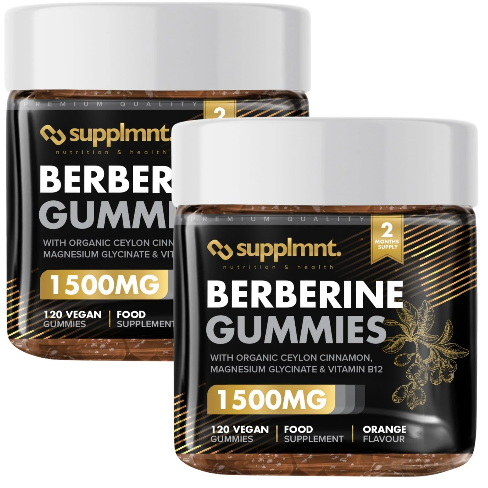 Supplmnt. Berberine Gummies - Dual Pack, 1500mg Berberine with 1000mg Ceylon Cinnamon, 2.4mg Vitamin B12 & 400mg Magnesium Glycinate - Powerful Metabolism & Immune Support Supplement - Orange Flavour