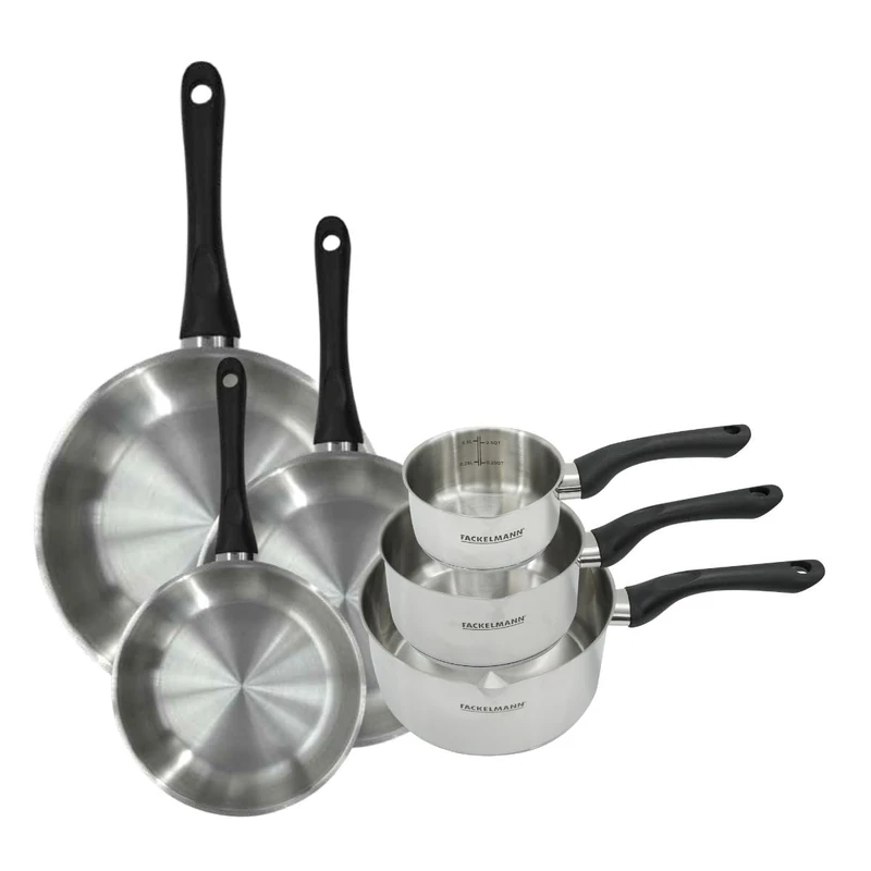Fackelmann 9444050 Set of 3 Frying Pans 20, 24 and 28 cm and 3 Saucepans 12 16 and 20 cm 18/8 Stainless Steel, All Heat Source, Induction Frying Pan, PFAS Free Pan, 18/8 Stainless Steel, 12 16 20 24