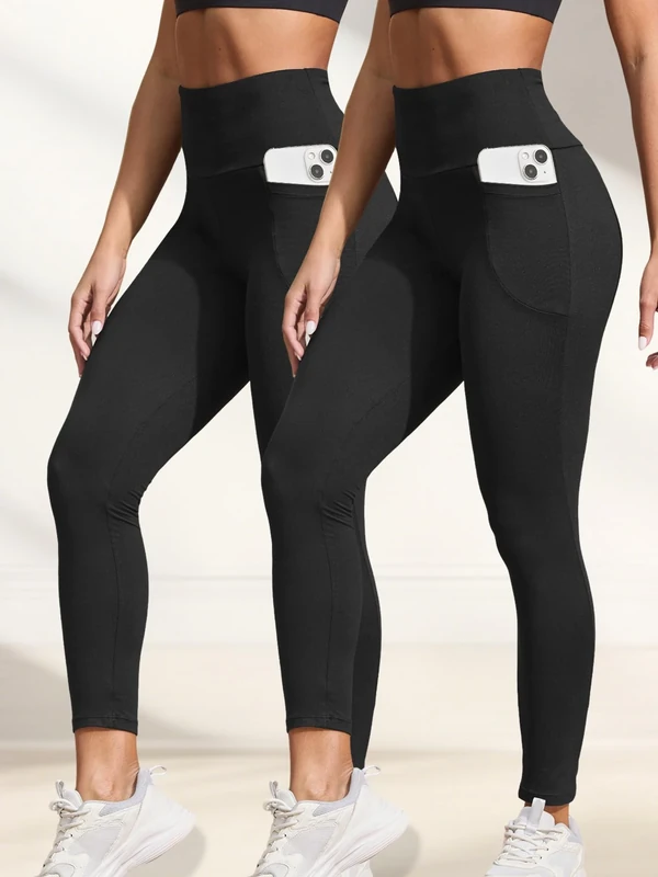 2 Pack Leggings with Pockets for Women, Buttery Soft High Waisted Tummy Control No See Through Workout Yoga Pants, 2 Black, Small