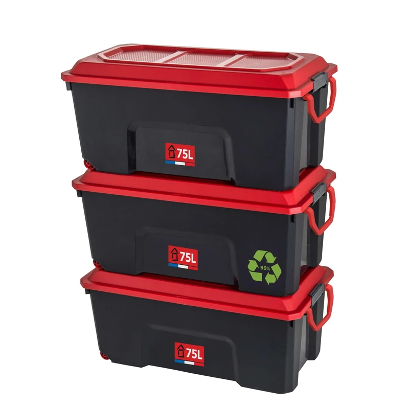 Sundis Locker Set of 3 Storage Boxes with Lids, 75 L, with Clips, Made of Recycled Plastic, Reinforced, Stackable, Ideal for Workshop, Transport, Garage, DIY