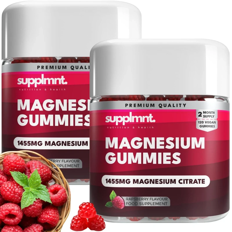 Supplmnt. Magnesium Gummies for Adults - 120 Raspberry Vegan Gummies - 1455 Milligram of Magnesium Citrate Offering 160 Milligram - Gluten-Free Supplement for Women & Men - Double Pack