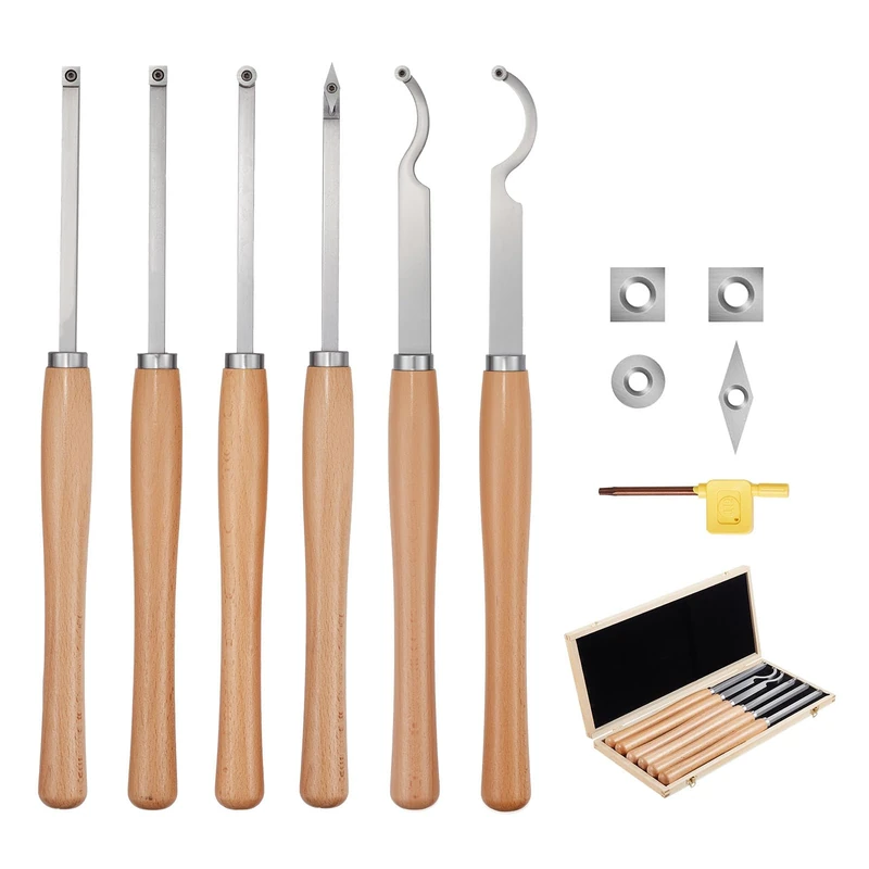 VEVOR Wood Lathe Turning Tool Set, 6PCS, Lathe Roughing, Finishing, Detailing Hollow Tool with Wooden Handle, Diamond Round Square Carbide Inserts, Wooden Box, for Beginners, Hobbyists, Professionals