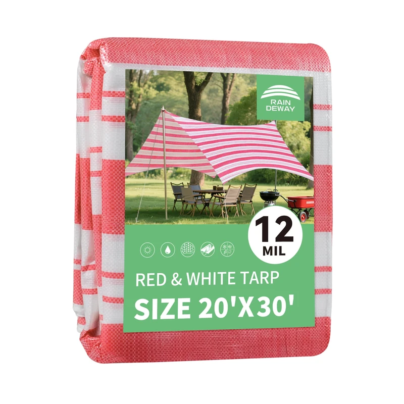 RAINDWEWAY 20x30 Feet Tarps,12 Mil Sunshade Striped Tarp,UV,Multipurpose Waterproof Poly Tarp Cover with Grommets and Reinforced Edges,Backyard,Patio Garden,Balcony,Carport,Pool,Red/White Tarps