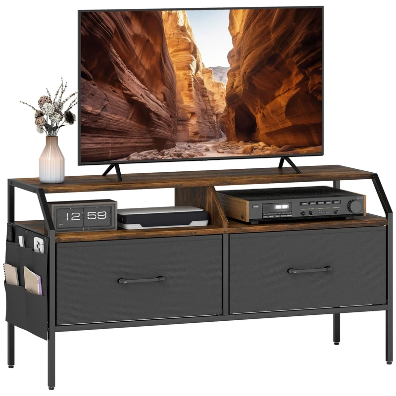 HOMCOM TV Stand Cabinet, TV Unit for 55-inch TVs with 2 Foldable Fabric Drawers, 5 Divided Side Pockets, Open Shelves, Console Table for Living Room, Bedroom, Entertainment Room, Rustic Brown