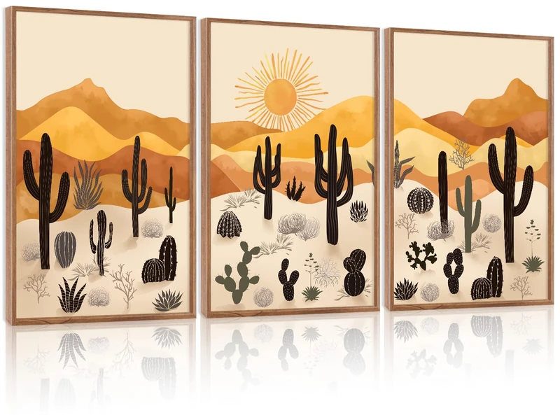 KAIRNE Cactus Canvas Wall Art,Desert Landscape Paintings,Aesthetic Abstract Prints Set of 3(16”X24”),Minimalist Farmhouse Wall Decor,Abstract Boho Artwork for Living Room Bedroom Office Decoration