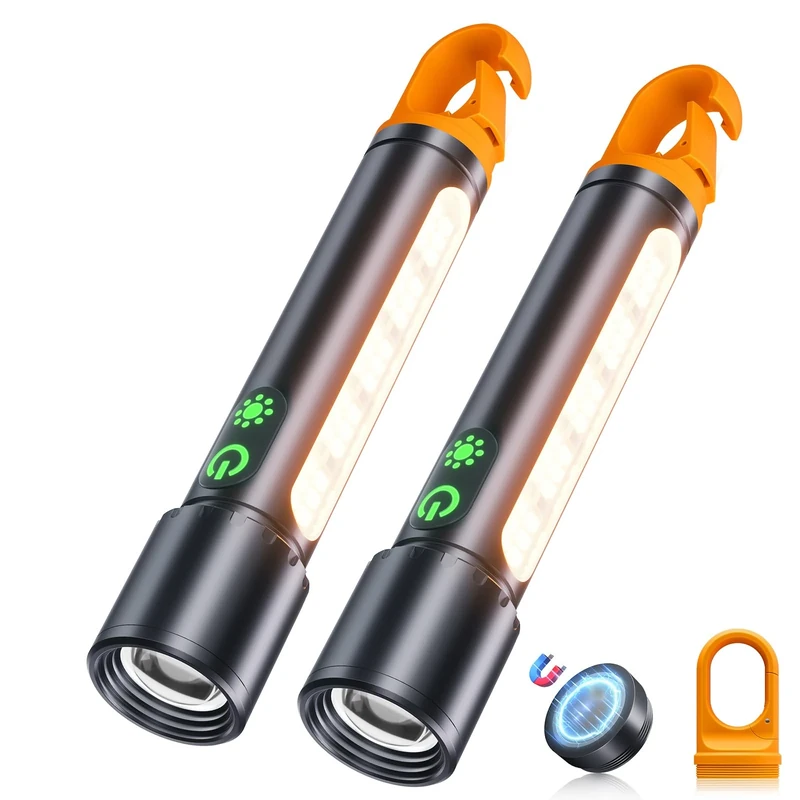 ET Rechargeable LED Torch Super Bright 1000000LM, Magnetic Light Weight Waterproof Flashlight with 9 Modes&COB Side Light, Zoomable &Tail Hook for Camping, Hiking, Emergency, (2 Park) Black