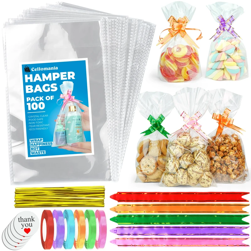 75pcs Cellophane Bags 6x10in, Food Safe Sweet Bags Cookie Bags with Mix Colors Pull Bows and Ribbons-Flat Bottom Clear Bag for Sweets, Gifts Packaging for Christmas and other Festivals