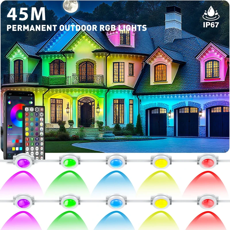 45m Permanent Outdoor Lights,RGB Eaves Light with App Control Remote,DIY Scene Modes IP67 Waterproof Under Eave Lighting,Outdoor Lights for Decor,Garden Decor,House,Party,Holiday