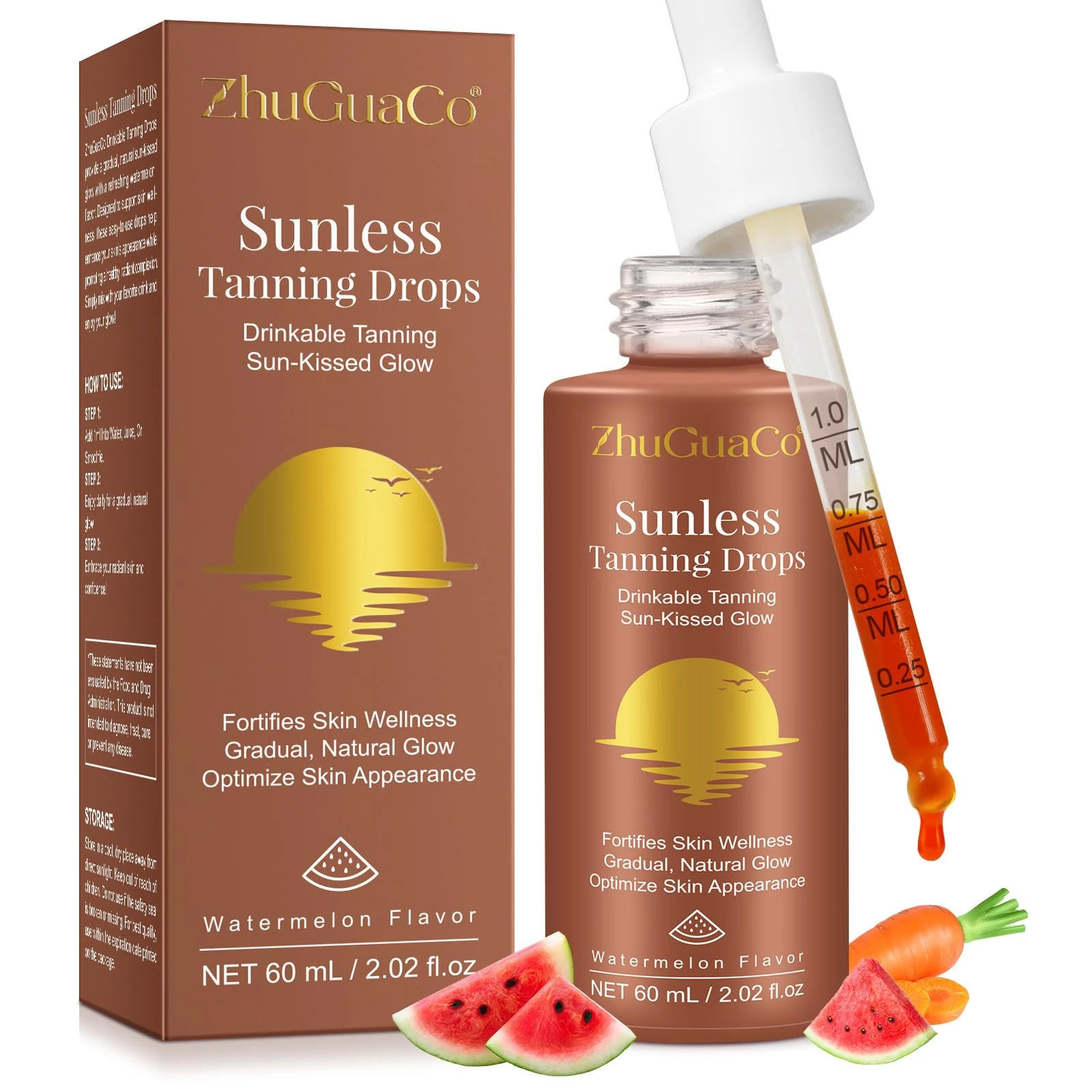 Sunless Tanning Drops to Drink, Oral Tanning Drops, Drinkable Tanning Supplement with Natural Ingredients to Boost Melanin Naturally, for a Bronzing Glow without Sun Damage, 60 ml (1 PC)