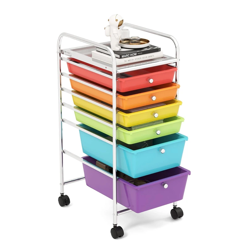 GiantexUK 4/6/12 Drawers Storage Trolley, Multipurpose Utility Rolling Cart on Wheels, Plastic Shelving Organizer Unit for Home Office Hairdressing Salon (Rainbow, 6 Drawers)
