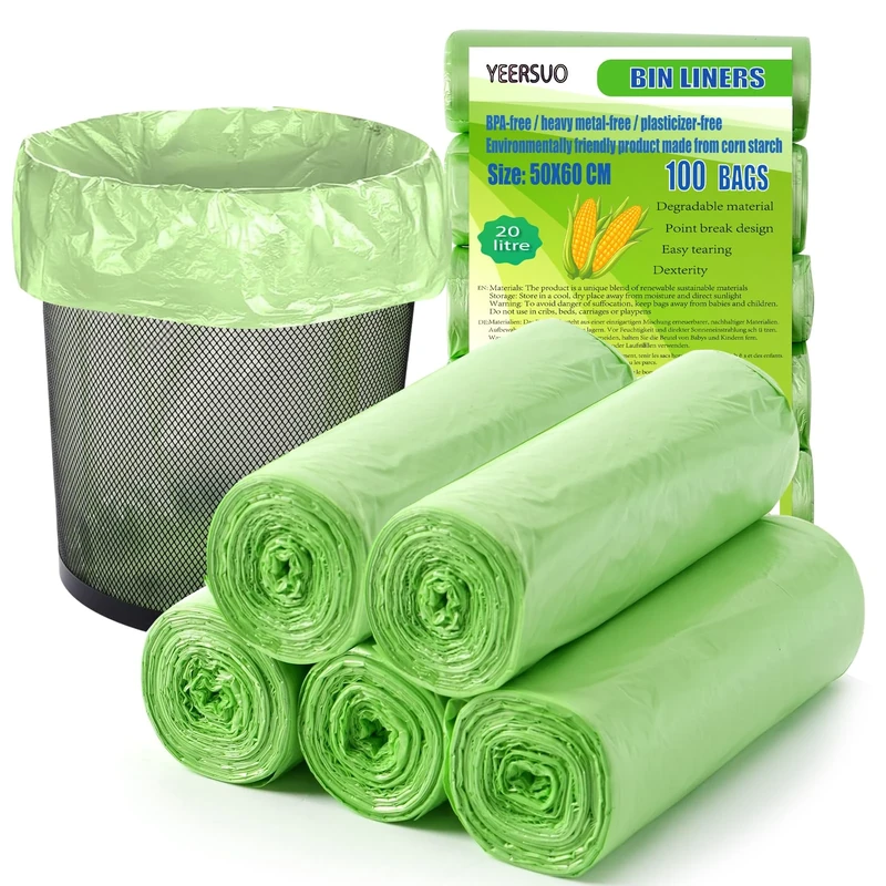 Bin Bags Liner, 100 PCS Biodegradable Food Waste Bags 20 L, Compostable Compost Caddy Liners Small, Recycled Degradable Rubbish Garbage Trash Bags for Kitchen, Office, 50 x 60 cm, Green