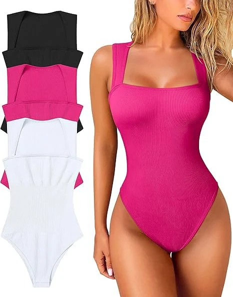 3-piece Bodysuits Shapewear For Women, Sexy Casual Ribbed Halter Square-neck Sleeveless Tight Fit Top, Abdominal Controller, Black+rose Red+white, X-Large