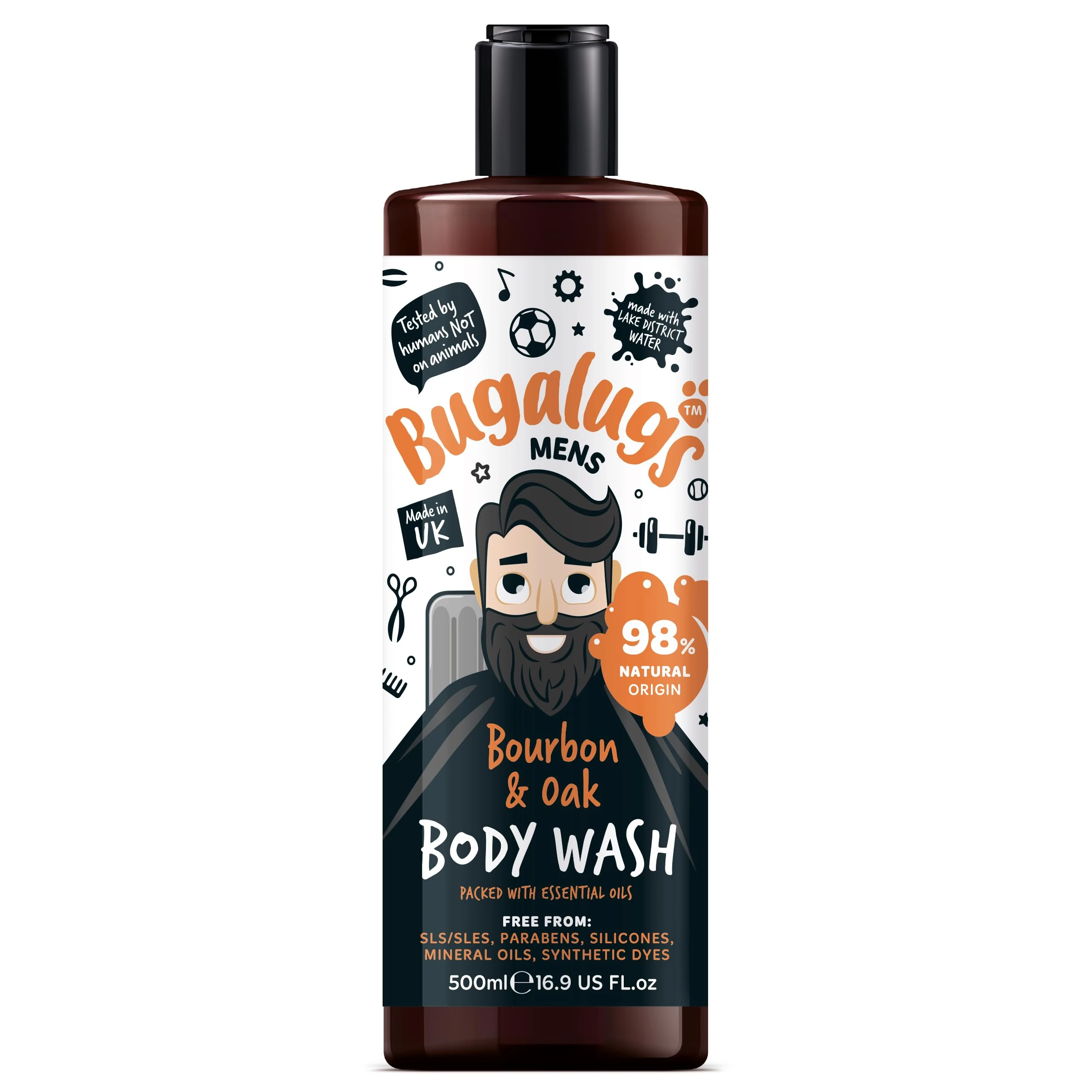 BUGALUGS Mens Shower Gel 500ml, Natural Body Wash for Men for Sensitive Skin packed with essential oils & made with Lake District Water. Now smell better than your Dog (Bourbon & Oak)