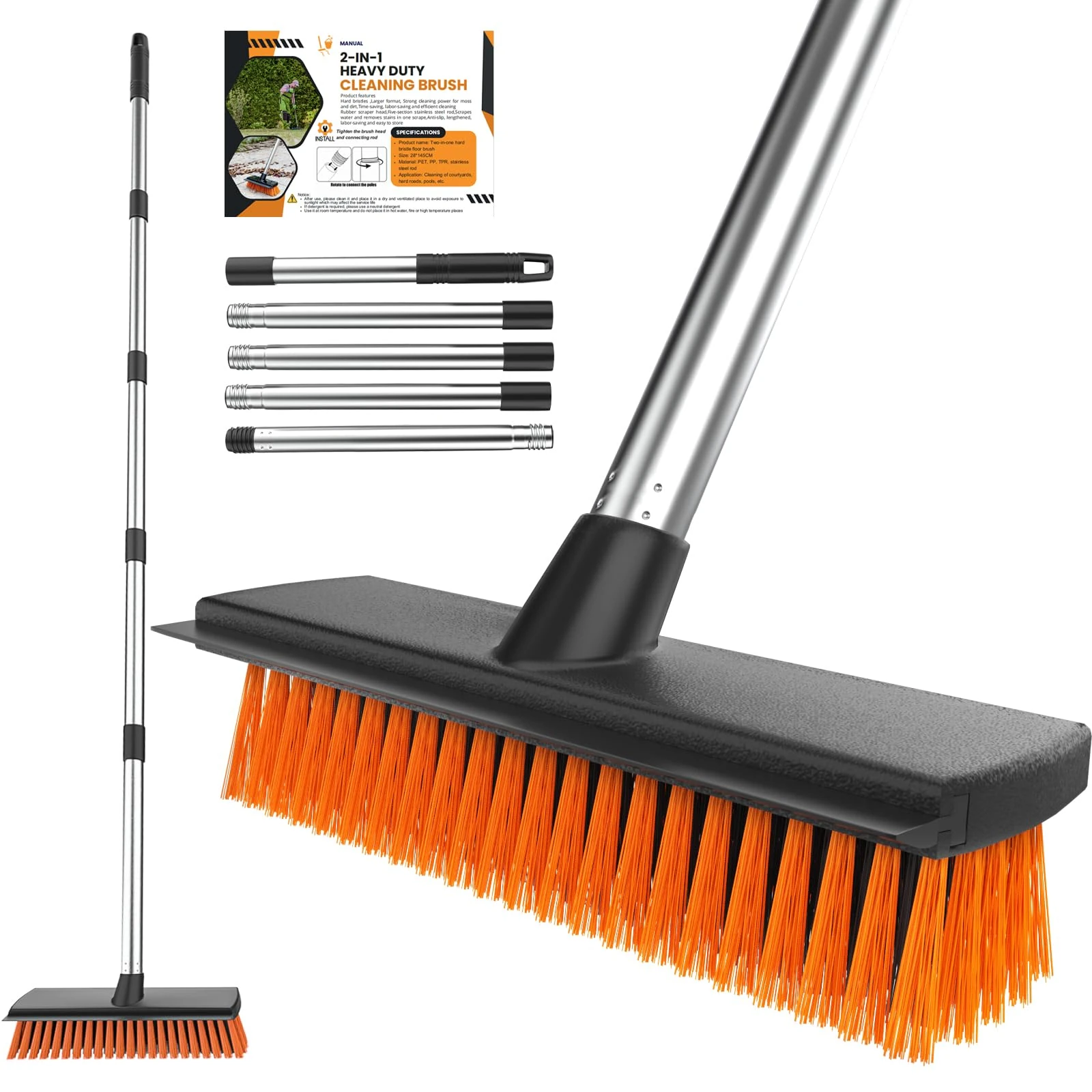 Garden Broom Outdoor Heavy Duty, Yard Brush Garden Brush Outdoor Broom with 10.7" Hard Bristle Broom Head & Squeegee, 57" Long Handle Outside Stiff Sweeping Brush for Cleaning Patio, Yard, Driveway
