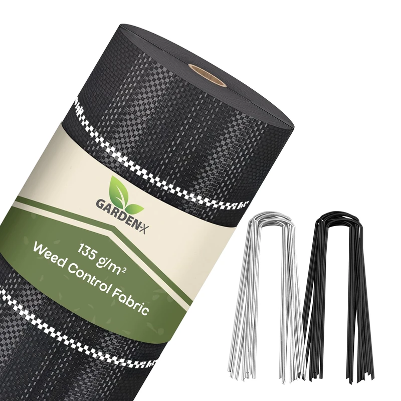 GARDENIX Weed Control Fabric with 50 Anchors 105 m² (2.1 m x 50 m) - Water Permeable 135 g/m² - Black UV-Resistant Weed Control Fabric, Weed Control Film, Floor Fabric, Underbody Fabric