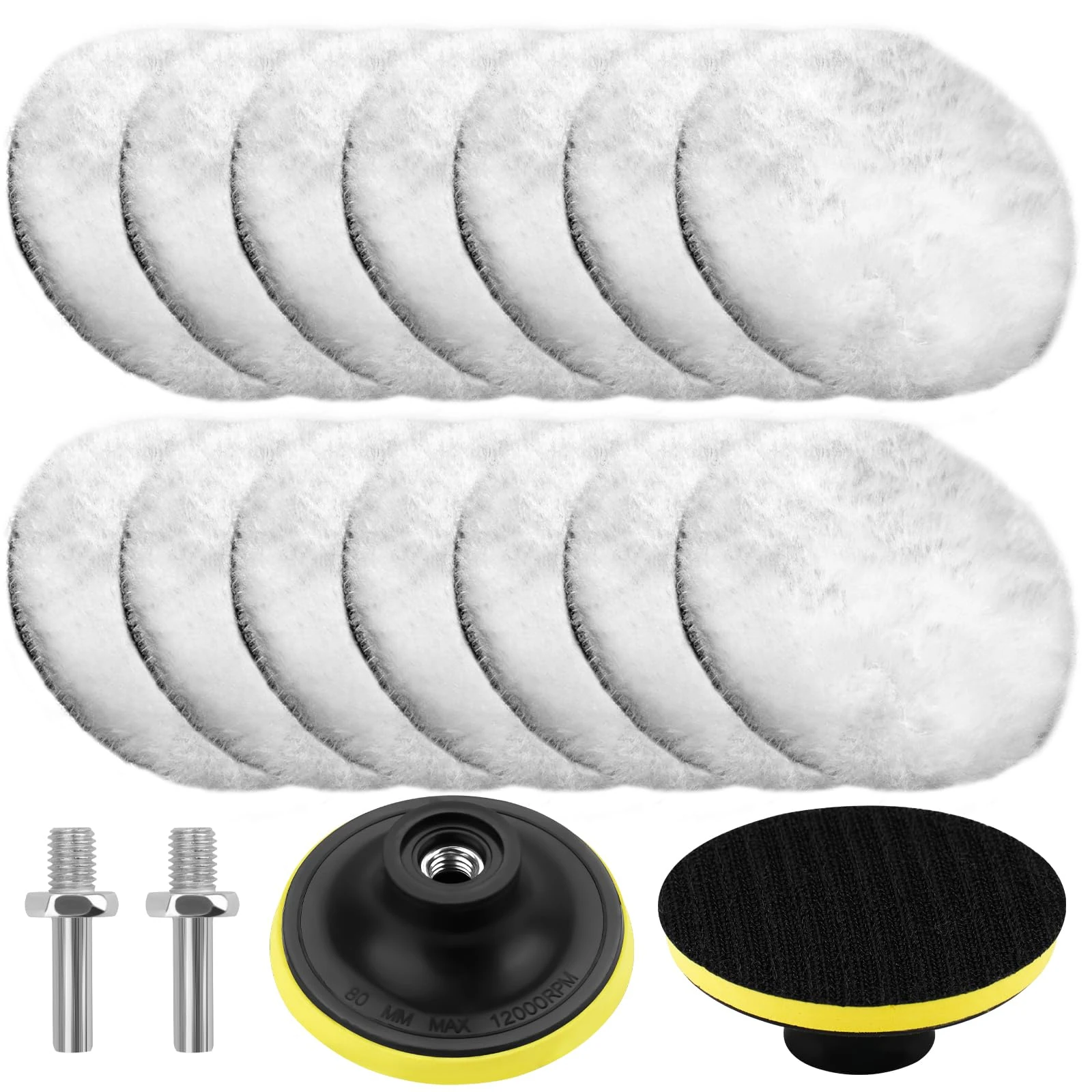 Car Polishing Pads for Drill, 14 Pcs 3 Inch Wool Buffing Pads Kit with Backing Plates and M10 Drill Adapter for Car Furniture Polishing Waxing, Detailing, Sealing Glaze