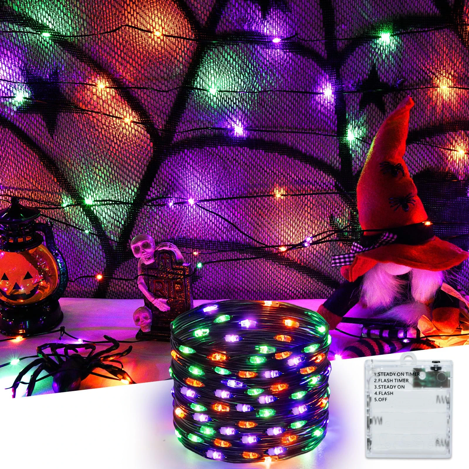 Etopgo Halloween Decoration Lights,5M/16.4ft 50 LED Orange Purple Green Fairy Lights with 6h Timer,baterry Operated String Light for Halloween Autumn Party Decorations, Fireplace,Home Decor