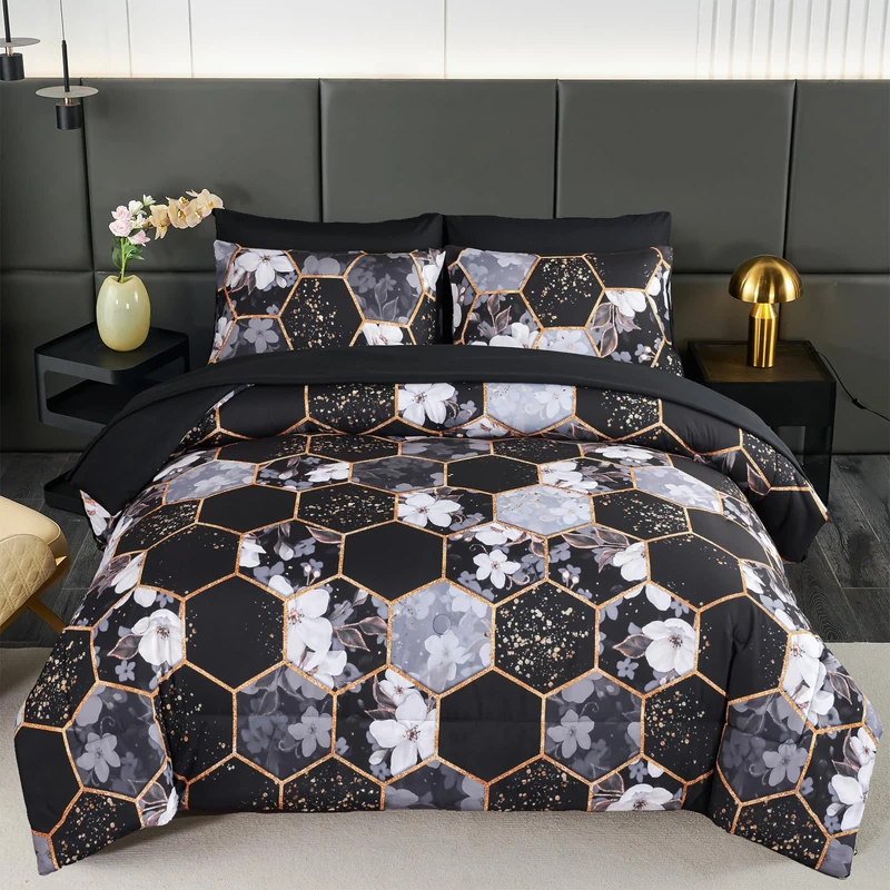 ZRNBAST 7 Pieces Queen Comforter Set, Black Geometric Bed in A Bag with Sheets, Floral Print Bedding Sets, Soft Lightweight Microfiber Bed Set for All Season(Black Floral,Queen)