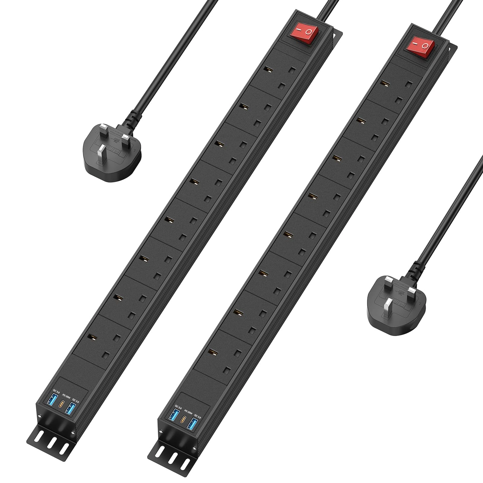 2 Pack - 8 Way Power Strip Surge Protector USB C PD20W, 8 Way Extension Lead with Switches, Wall Mount Power Strip 13A with Metal Casing for Home Office Industrial Use, Black, 1.8M Cable