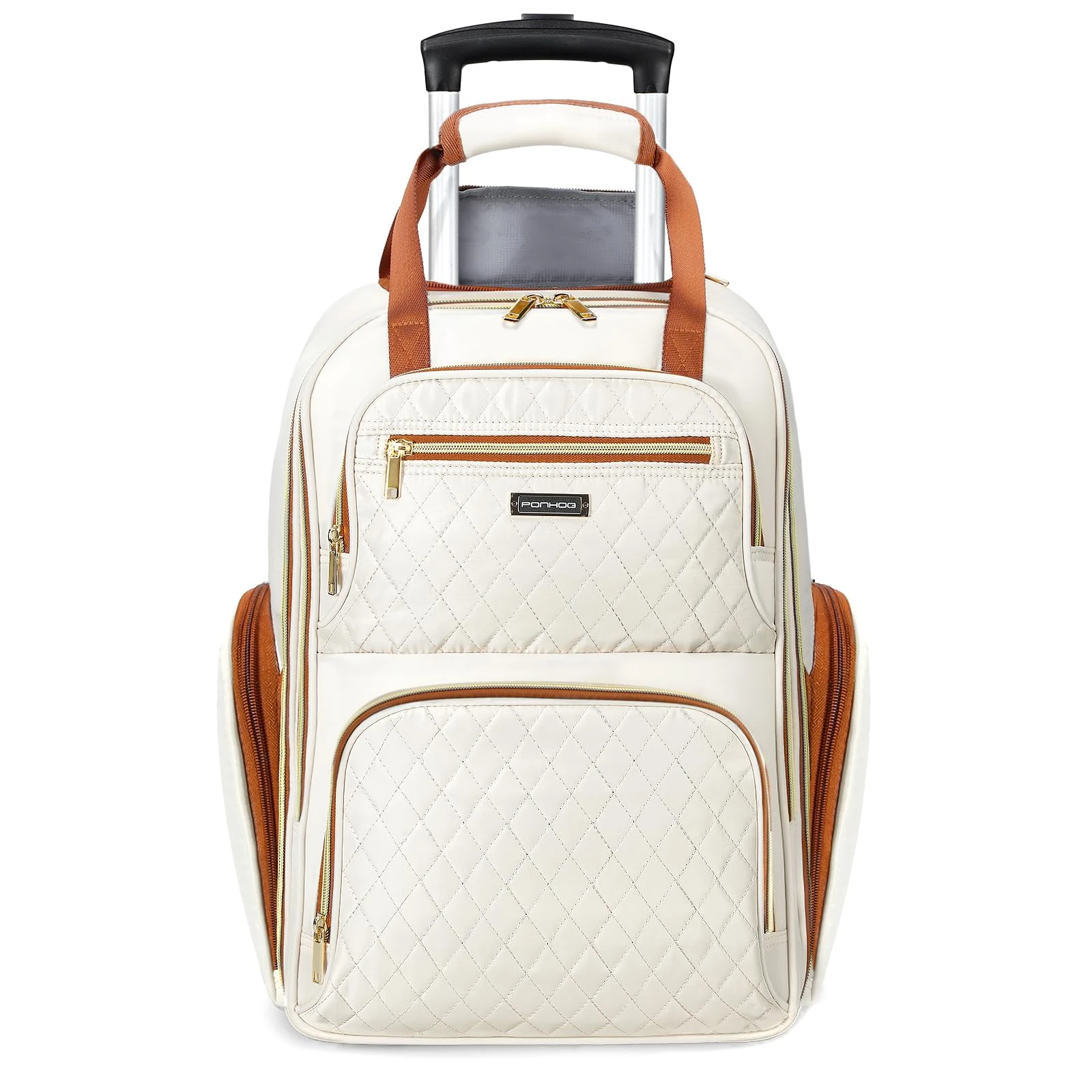 Ponhog Rolling Laptop Travel Backpack with Wheels for Women - 15.6 Inch Laptop Wheeled Backpack, Carry on Trolley Suitcase Black Computer Bag for Adults Business College Work Overnight, Beige