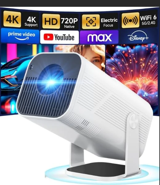 Projector 4K for Bedroom 2025 - Portable Projector Auto Keystone mini projector 4k wifi bluetooth Works mobile phone, laptop, PC, HDMI, TV stick (White)