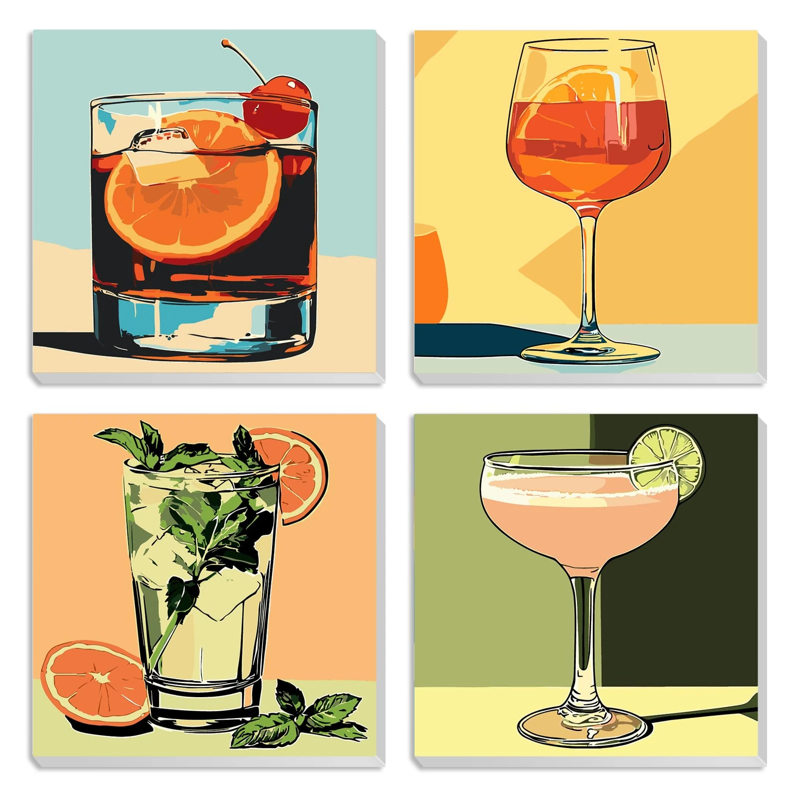 MXJSUA 4 Pack Cocktail Glass Paint by Numbers Kit with Framed Canvas for Ages 6-12 Kids, Paint by Numbers Kits for Adult Beginners, Acrylic Oil Painting for Home Wall Decor Gift (20 * 20cm)