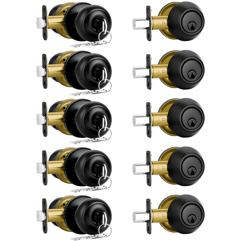 Plustool 5 Pack Front Door Lock Set Matte Black,Exterior Door Lock Set with Deadbolt,Single Cylinder Deadbolt Lock and Door Knob Set,Keyed Alike Door Knobs with Lock&Keys,Round Ball Entry Door Lockset
