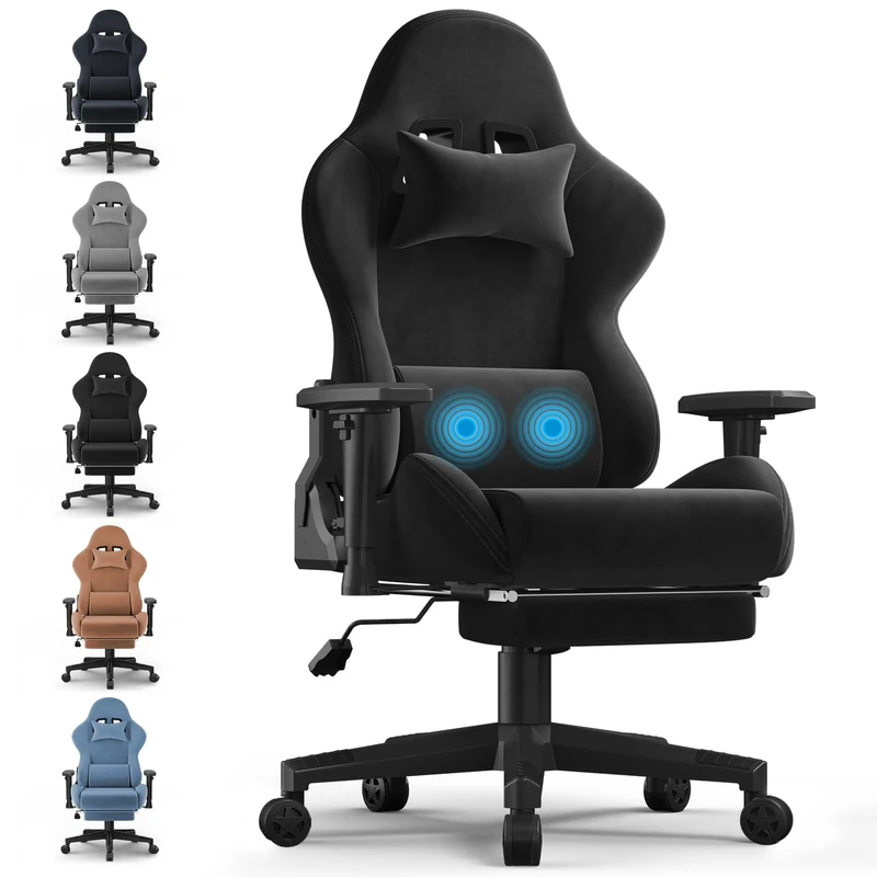 JUMMICO Fabric Gaming Chair with Footrest, Ergonomic Reclining Computer Gaming Chair with Massage Lumbar Pillow and Headrest for Adults and Teens, Black