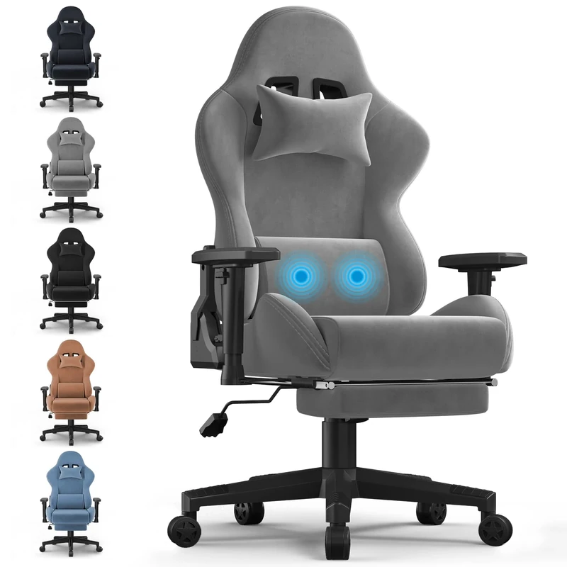 JUMMICO Fabric Gaming Chair with Footrest, Ergonomic Reclining Computer Gaming Chair with Massage Lumbar Pillow and Headrest for Adults and Teens, Light Grey