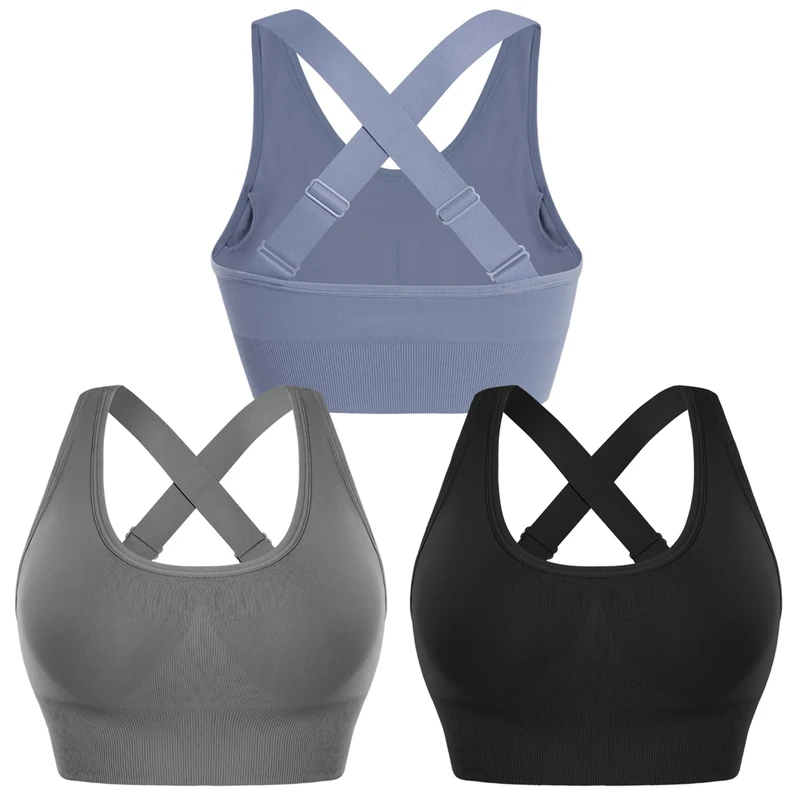 Leversic Sports Bra Adjustable Straps Women Workout Bra Padding Bras Mid Impact Gym Bras for Yoga Fitness Running(Black+Grey+Blue,S)