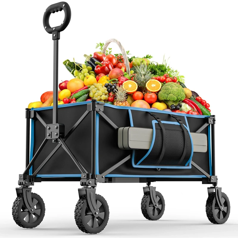 Festival Trolley on Wheels - Folding Camping Cart Foldable Garden Wagon with Adjustable Handle Collapsible Foldable Trollys for Beach Picnic Shopping Fishing Outdoor, Black - Image 1