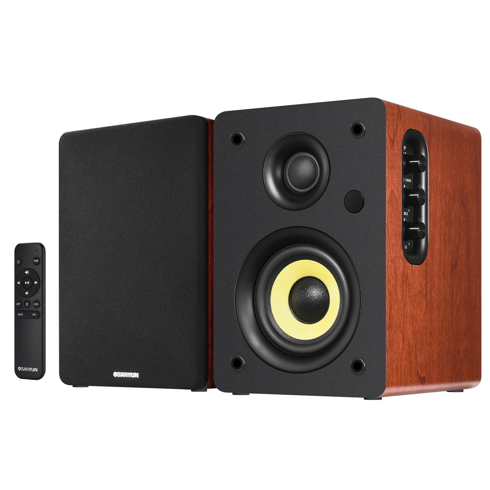 Sanyun SW206 4” HiFi Bookshelf Speakers with Studio Mode, 80W Active, Bluetooth 5.4/Optical/Coaxial/TRS/Aux/24bit DAC USB, for Turntable TV PC Desktop, Wooden Enclosure, Remote Control, Red