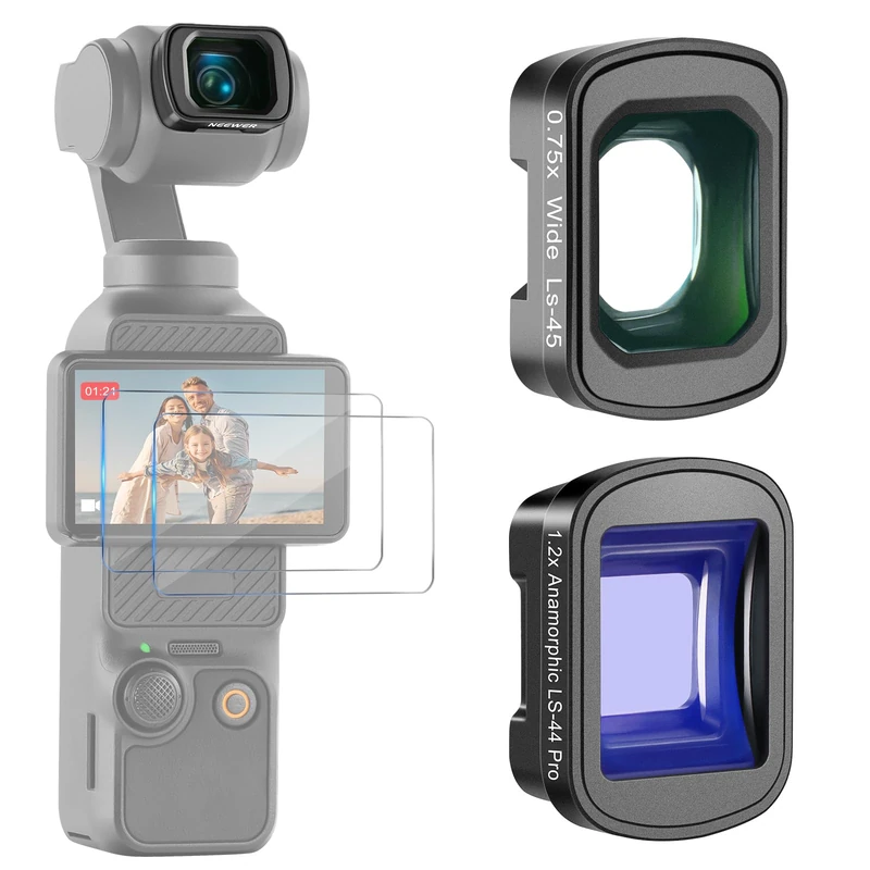NEEWER Lens Kit Compatible with DJI Osmo Pocket 3 Creator Combo Accessories, 0.75X Wide Angle (108° FOV) + 1.2X Blue Anamorphic Cinematic Effect Lens Set + 2x Screen Protector, FL-C02