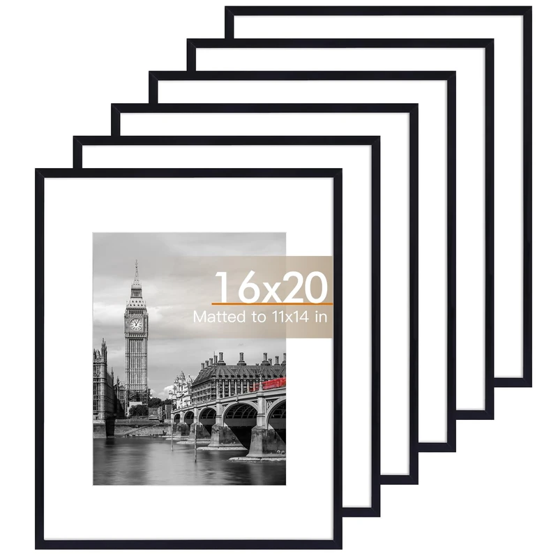 Fixwal 16x20 Picture Frame Set of 6 with Shatter Resistant Plastic Glass, Thin Border and Light Weight Photo Frames for Wall or Tabletop Display, Black