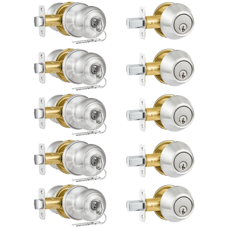 Plustool 5 Pack Entry Door Lock and Single Cylinder Deadbolt Combo Set, Keyed Alike Satin Nickel Exterior Door Knobs with Lock&Keys, Round Ball Door Locksets with Deadbolt for Entrance and Front Door