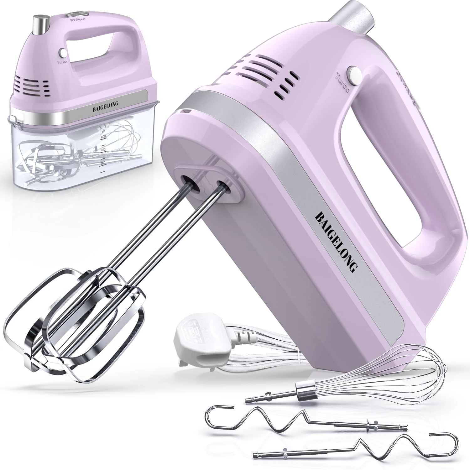 BAIGELONG Hand Electric Mixer, 300W Ultra Power Food Kitchen Mixer with 5 Self-Control Speeds + Turbo Boost, 5 Stainless Steel Attachments Handheld Blender for Baking, PURPLE