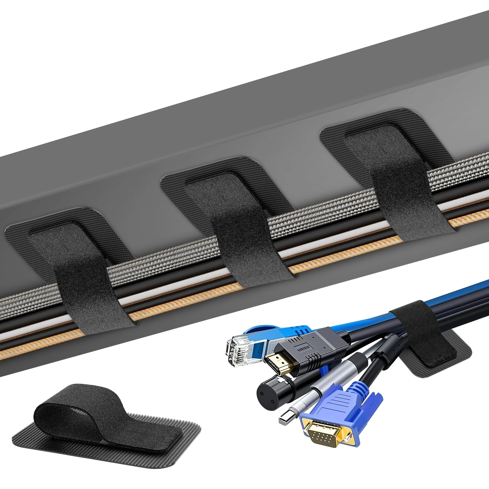 Cable Management Under Desk, Up to 15 CordEnhanced Wire Holder Cord Organizer, Adjustable Hook and Loop Cable Ties, Reusable Cord Holder, Cable Clips Under Table Cord Hider, 30 Pair(Black)